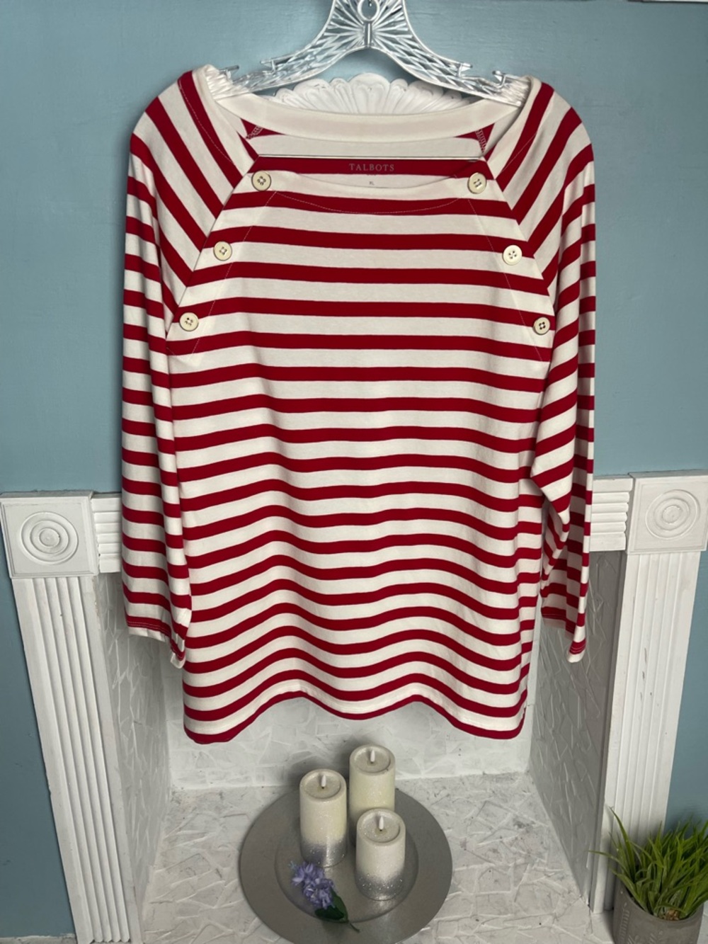 Talbots Red & White Striped Button-Accent Long Sleeve Nautical Top
